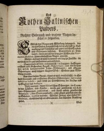 Des Rothen Salinischen Pulvers, Rechter Gebrauch und wahrer Nutzen bestehet in folgenden ...