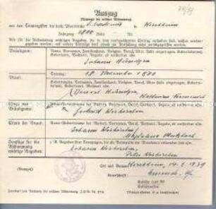Auszug aus einem Trauregister - Familienkonvolut