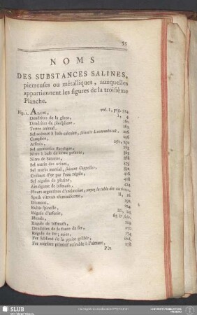 Noms Des Substances Salines, pierreues ou métalliques, auxquelles appartiennent les figures de la troisième Planche