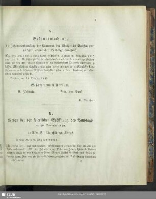 A. Bekanntmachung, die Zusammenberufung der Kammern des Königreichs Sachsen zum nächsten ordentlichen Landtage betreffrend