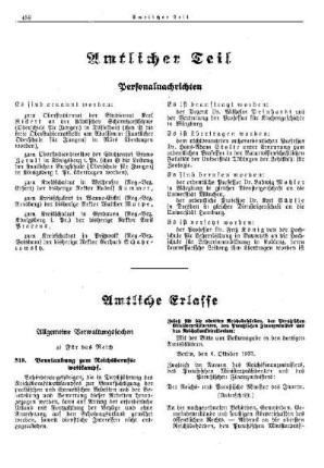 Beurlaubung zum Reichsberufswettkampf : [Allgemeine Verwaltungssachen] ; [Für das Reich] ; [Amtliche Erlasse] ; [Amtlicher Teil]
