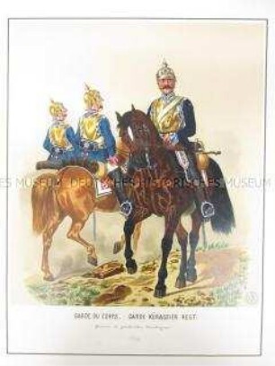 Uniformdarstellung, Reiter der Garde du Corps und des Garde-Kürassier-Regiments im Dienstanzug zu Pferd, Preußen, 1864. Tafel 42 aus: Schindler: Militair-Album.