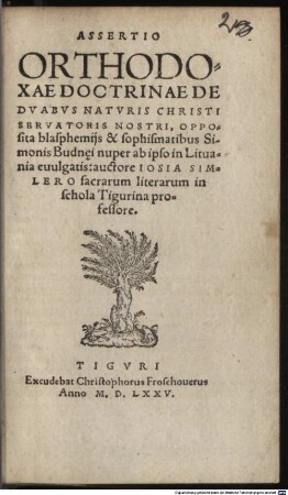 Assertio Orthodoxae Doctrinae De Duabus Naturis Christi Servatoris Nostri : Opposita blasphemiis & sophismatibus Simonis Budn[a]ei nuper ab ipso in Lituania evulgatis