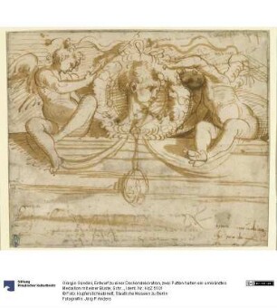 Entwurf zu einer Deckendekoration, zwei Putten halten ein umkränztes Medaillon mit einer Büste; Schriftzüge