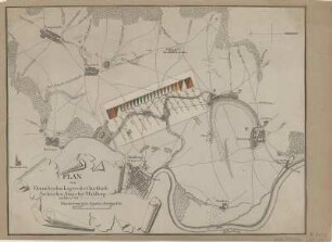Plan des Lagers bei Mühlberg , 1:3 000, Kupferstich, ab 1785 : Plan von Denen beyden Lagers der Churfürstl.-Saechsischen Armee bey Mühlberg im Iahr 1786. - [Ca. 1:3 000]. - [S.l.] , [ab 1785]. - 1Kt. : Kupferst. m. autogr. Erg. ; 40 x 31 cm