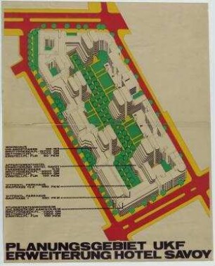 Gewerbe- und Hotelerweiterung Uhlandstraße/Kantstraße/Fasanenstraße (nicht realisiert) – Isometrische Projektion. Berlin-Charlottenburg/Wilmerdorf, Uhlandstraße 190-194, Kantstraße 15, Fasanenstraße 6