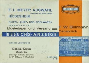 Eisen-, Kurz- und Spielwaren - Musterlager und Versand - F. W. Billmann