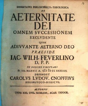 Dissertatio Philosophico-Theologica De Aeternitate Dei Omnem Successionem Excludente