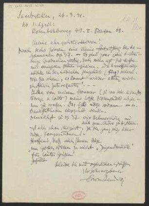 Brief an B. Schott's Söhne : 26.03.1931