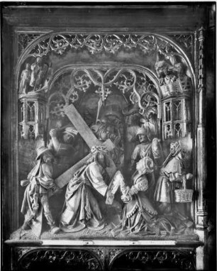 Kirrlach Katholische Pfarrkirche Sankt Cornelius und Cyprian Schnitzaltar Die Kreuztragung (18. Jahrhundert)