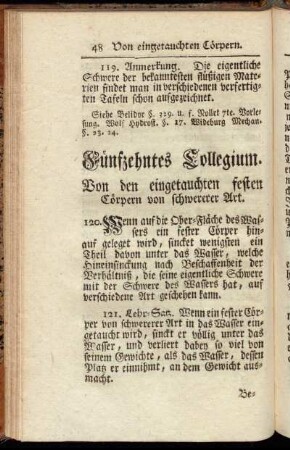 Fünfzehntes Collegium. Von den eingetauchten festen Cörpern von schwererer Art.
