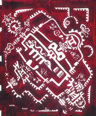 Blatt 269: Weg eines unglücklichen Mädchens : Grafik in Rot-weiß, roter flächiger Hintergrund; weiße grafische Figuren ähnlich MAYA-Figuren