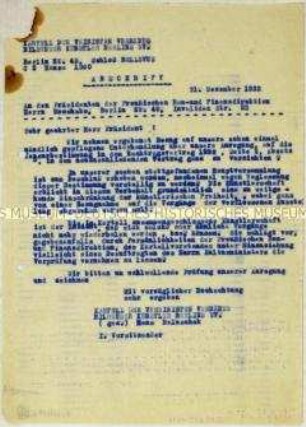 Abschrift eines Schreibens des Kartells der Vereinigten Verbände Bildender Künstler Berlins an den Präsidenten der preußischen Bau- und Finanzdirektion, Fritz Mosshake, zu den Zensurmaßnahmen in der Großen Berliner Kunstausstellung 1932 - Sachkonvolut