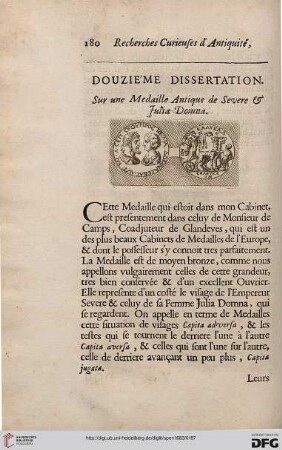 Douzième dissertation. Sur une Medaille Antique de Severe & Julia Domna