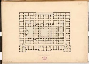 Gasthof 1. Ranges, Berlin Schinkelwettbewerb 1865: Grundriss 1. (= 2.) Obergeschoss; Maßstabsleiste