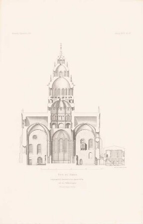 Dom, Mainz: Längsschnitt durch das westliche Querschiff (aus: Atlas zur Zeitschrift für Bauwesen, hrsg. v. G. Erbkam, Jg. 34, 1884)