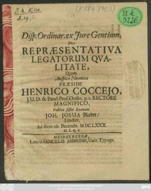 Disp. Ordinar. ex Iure Gentium, De Repraesentativa Legatorum Qualitate