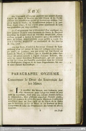 Paragraphe Onziéme Concernant le Droit du Souverain sur le Mines