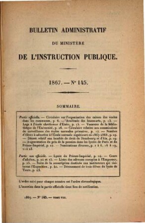 Bulletin administratif du Ministère de l'Instruction Publique. 8. 1867