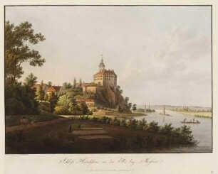 Das Schloss Hirschstein am linken Elbufer zwischen Meißen und Riesa von Süden