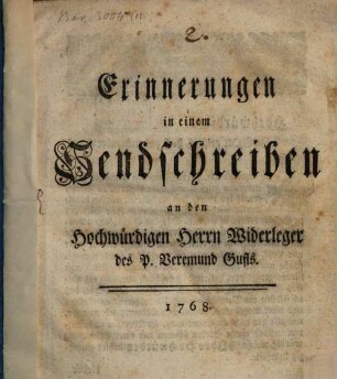 Erinnerungen in einem Sendschreiben an den Hochw. Herrn Widerleger d. P. Veremund Chufls