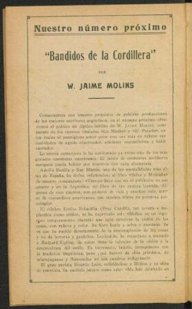 Nuestro número próximo: Bandidos de la cordillera / por W. Jaime Molins