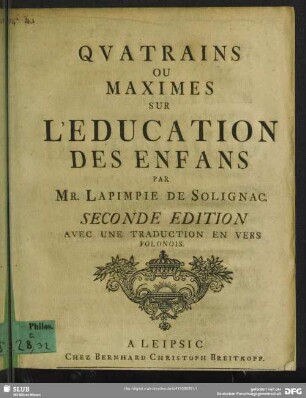 Quatrains Ou Maximes Sur L'Éducation Des Enfans