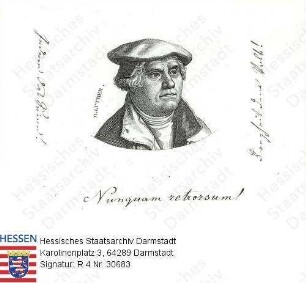Luther, Martin (1483-1546) / Porträt, linksgewandtes und -blickendes Brustbild / Widmungsblatt von Friedrich Freiherr v. Laßberg, Univ. Jena, für Heinrich Freiherr v. Gagern (1799-1880), 1819