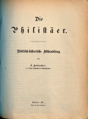 Die Philistäer : biblisch-historische Abhandlung