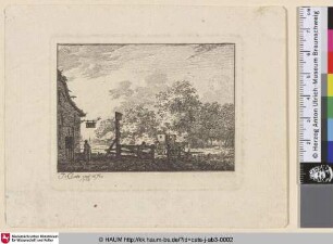 [Landscape with a woman standing outside an inn at left, a chariot on a road at centre; Landschap met wagen voor herberg; Landschaft mit Gasthaus und fahrender Kutsche]
