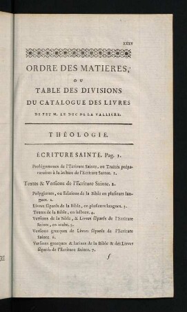 xxxv-lx, Ordre des Matieres; ou Table des Divisions du Catalogue des Livres