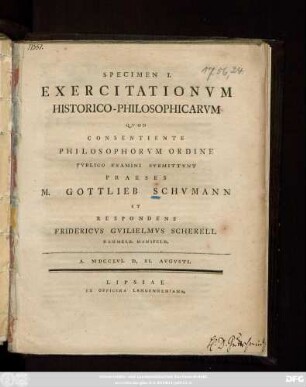 Specimen 1: Specimen ... Exercitationvm Historico-Philosophicarvm