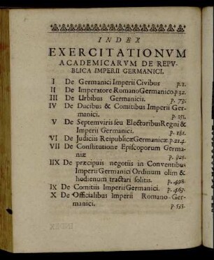 Index Exercitationum Academicarum De Republica Imperii Germanici.