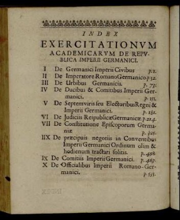 Index Exercitationum Academicarum De Republica Imperii Germanici.