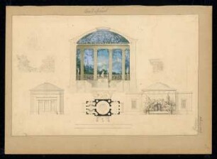 Badehaus Monatskonkurrenz Februar 1829: Grundriss, Aufriss Vorderansicht und Seitenansicht, Schnitt mit Innenraumbemalung, Dekorationsdetails; Maßstabsleiste