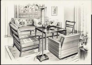 Sitzecke. Ein Sofa, ein Armlehnsessel, ein Stuhl, ein viereckiger Tisch, ein Sessel, Stehlampe, Deko