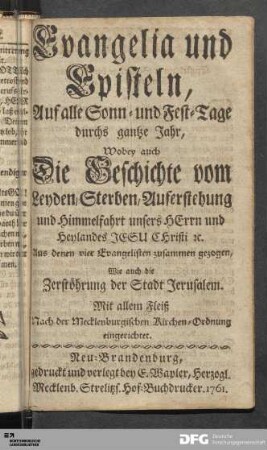 Evangelia und Episteln, Auf alle Sonn- und Fest-Tage durchs gantze Jahr