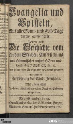 Evangelia und Episteln, Auf alle Sonn- und Fest-Tage durchs gantze Jahr