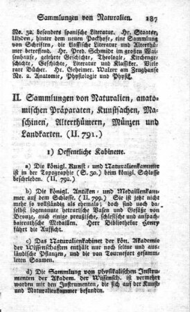 II. Sammlungen von Naturalien, anatomischen Präparaten, Kunstsachen, Maschinen, Alterthümern, Münzen und Landkarten