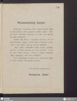 [informaciske pismo wot: časopis „Raj“, 1909]