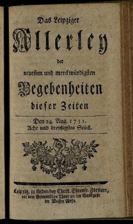 Den 24. Aug. 1751. Acht und dreyßigstes Stück.