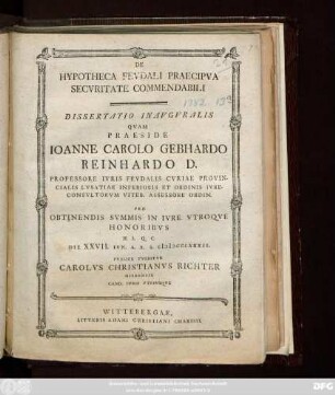 De Hypotheca Fevdali Praecipva Secvritate Commendabili : Dissertatio Inavgvralis