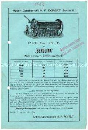 Preisliste der "BEROLINA" Nutenwalzdrillmaschine