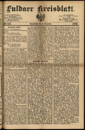 Erste Ausgabe vom Samstag, den 03. Dezember 1892.
