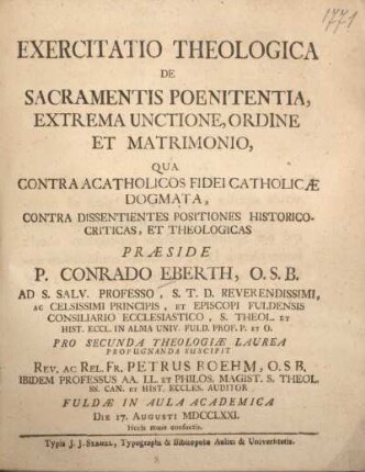 Exercitatio theologica de sacramentis poenitentia, extrema unctione, ordine et matrimonio