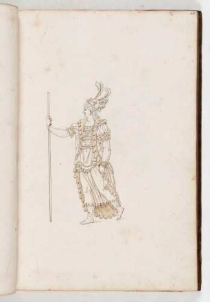 Mann mit Mantel, Federhut und Stab, in: Equestrium statuarum [...] formae [...] artificiosissime pictis, Bl. 25