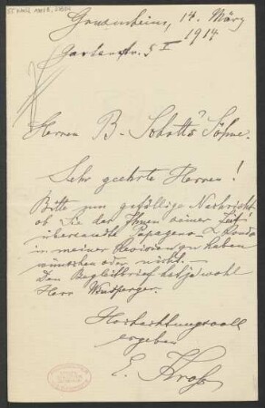 Brief an B. Schott's Söhne : 14.03.1914