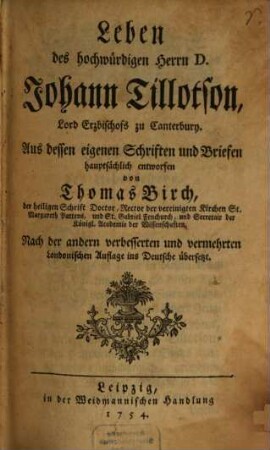 Leben des hochwürdigen Herrn D. Johann Tillotson, Lord Erzbischofs zu Canterbury