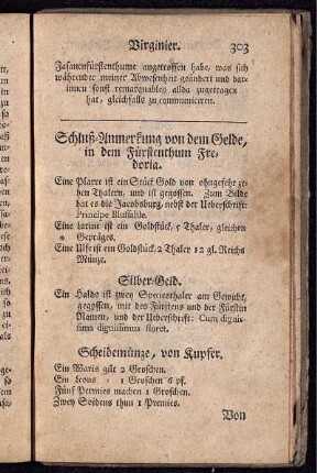Schluß-Anmerkung von dem Gelde, in em Fürstenthum Fredoria.