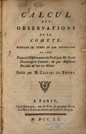Calcul des observations de la Comete en 1682